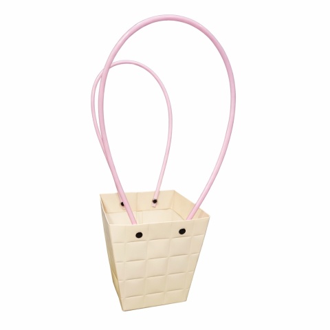 Torebka na kwiaty z rączką – 12×12×12 cm, kremowo-różowa