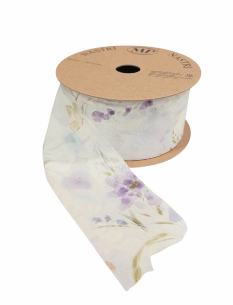 Italská stuha NASTRI FLOWERS & BUTTERFLIES – 5 cm × 15 m, vzor: květy a motýli, barva: modrá