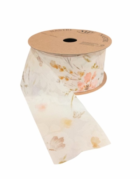Wstążka włoska NASTRI FLOWERS & BUTTERFLIES – 5 cm × 15 m, wzór: kwiaty i motyle, kolor: ciemny żółty
