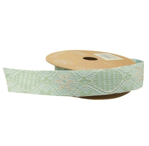 Wstążka włoska NASTRI MAJOLICA – 2,5 cm × 10 m, koronka, kolor: szałwiowy