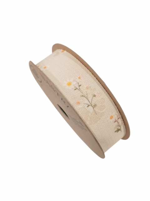Wstążka włoska NASTRI LITTLE DAISIES – 2,5 cm × 10 m, koronka na atłasie, kremowy, wzór: stokrotki