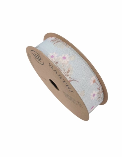 Wstążka włoska NASTRI LITTLE DAISIES – 2,5 cm × 10 m, koronka na atłasie, jasnoniebieski, wzór: stokrotki