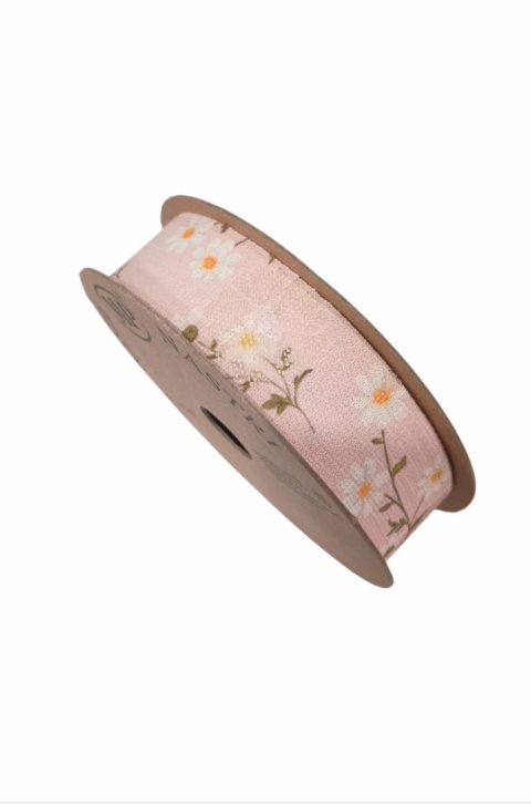 Wstążka włoska NASTRI LITTLE DAISIES – 2,5 cm × 10 m, koronka na atłasie, różowy, wzór: stokrotki