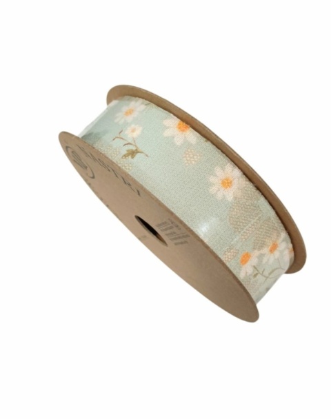 Wstążka włoska NASTRI LITTLE DAISIES – 2,5 cm × 10 m, koronka na atłasie, morski, wzór: stokrotki