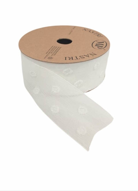 Wstążka włoska NASTRI ROMANTIC DOTS – 4 cm × 10 m, szyfon, biały, wzór: kropki