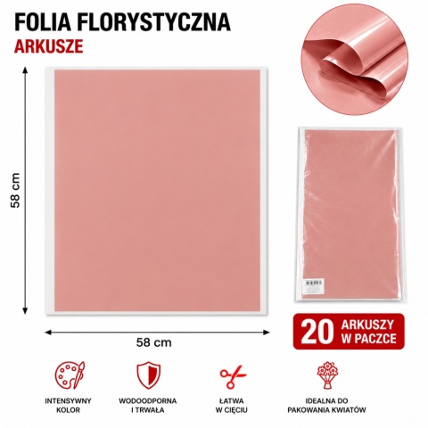 Folia florystyczna - 58×58 cm, 20 arkuszy, brudny róż