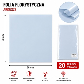 Folia florystyczna - 58×58 cm, 20 arkuszy, jasnoniebieski