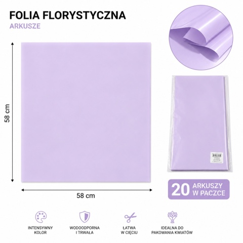 Folia florystyczna - 58×58 cm, 20 arkuszy, lawenda