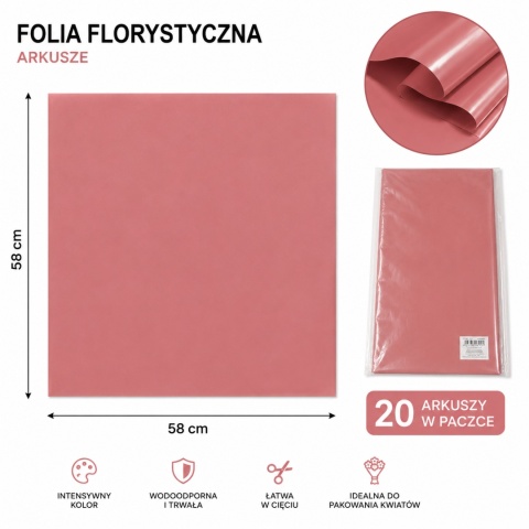 Folia florystyczna - 58×58 cm, 20 arkuszy, koral