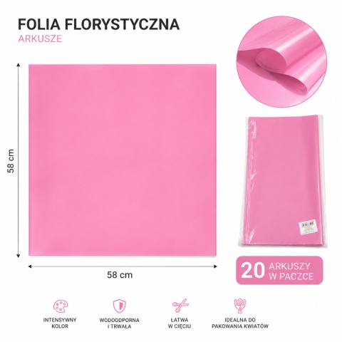 Folia florystyczna - 58×58 cm, 20 arkuszy, róż