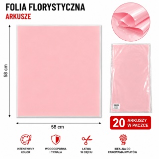 Folia florystyczna - 58×58 cm, 20 arkuszy, róż