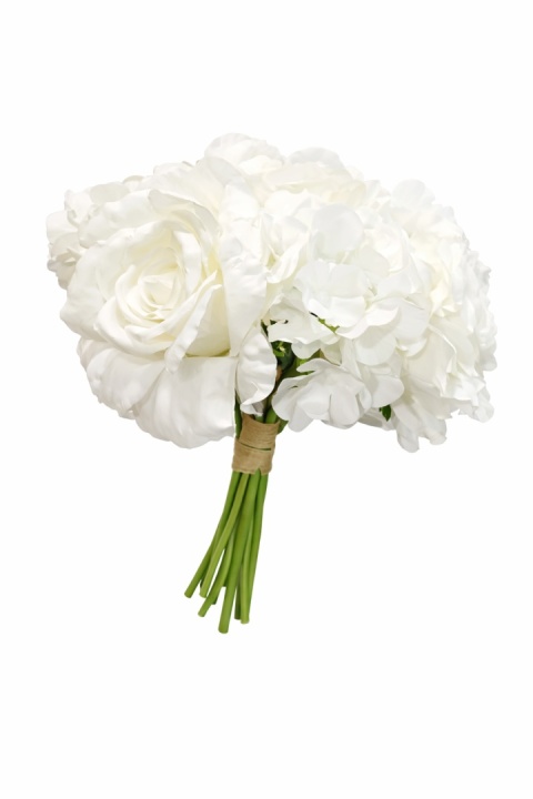 Ruža a hortenzia, kytica – 30 cm, biela