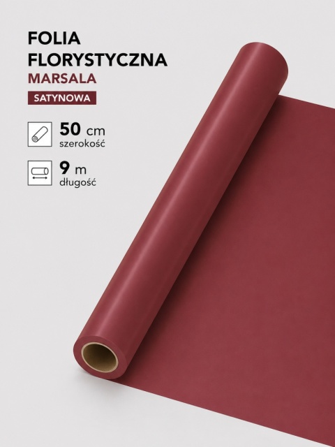 Folia florystyczna satynowa - 50cm x 9m, marsala