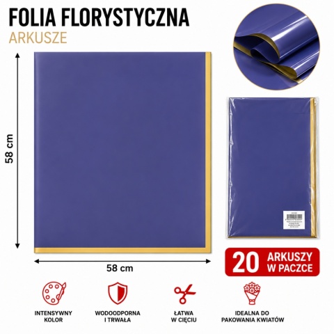 Folia florystyczna - 58×58 cm, 20 arkuszy, granatowy