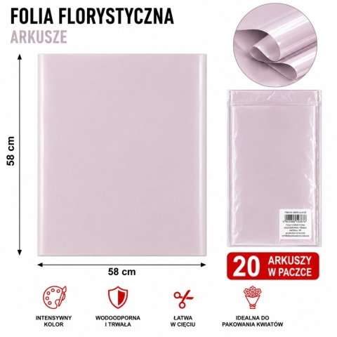 Folia florystyczna - 58×58 cm, 20 arkuszy, jasny fiolet