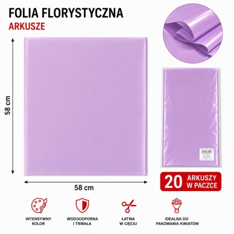 Folia florystyczna - 58×58 cm, 20 arkuszy, lawenda