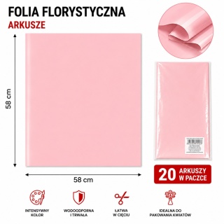Folia florystyczna - 58×58 cm, 20 arkuszy, róż