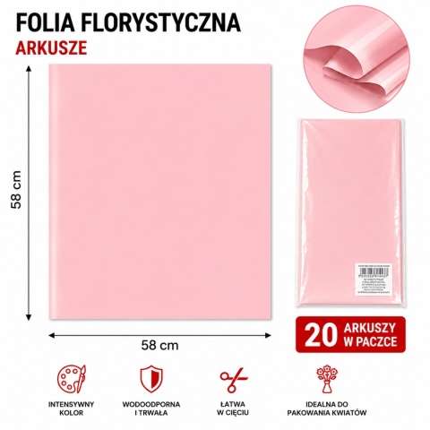 Folia florystyczna - 58×58 cm, 20 arkuszy, róż