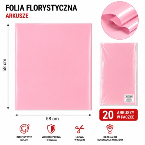 Folia florystyczna - 58×58 cm, 20 arkuszy, róż
