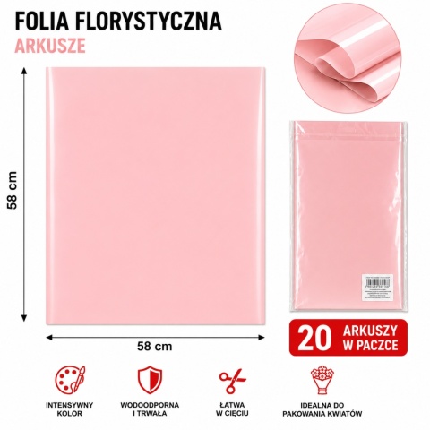 Folia florystyczna - 58×58 cm, 20 arkuszy, róż