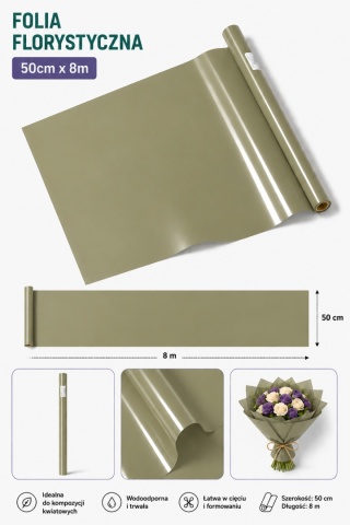 Folia florystyczna satynowa - 50cm x 8m, oliwkowy (10szt)