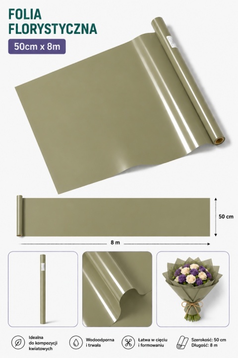 Satin Florist Film - 50cm x 8m, olivová (10ks)