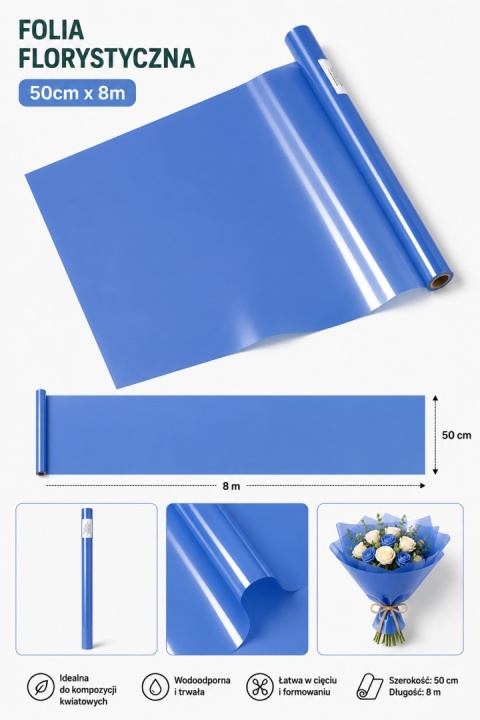 Satin Florist Film - 50cm x 8m, modrý (10ks)