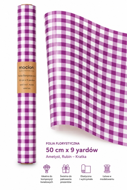 Folia florystyczna w kratkę - 50cm x 9y, ametyst rubin