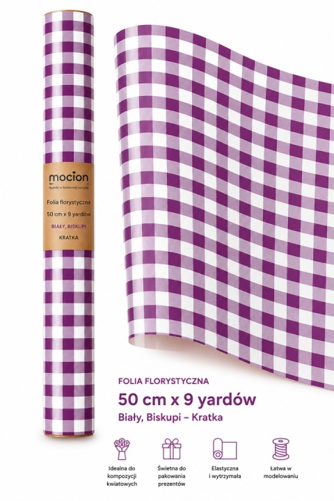 Folia florystyczna w kratkę - 50cm x 9y, biały biskupi