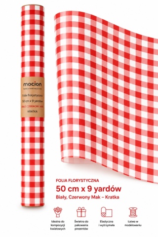 Folia florystyczna w kratkę - 50cm x 9y, biały czarwony mak