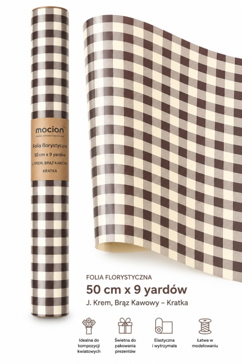 Folia florystyczna w kratkę - 50cm x 9y, jasny krem brąz kawowy