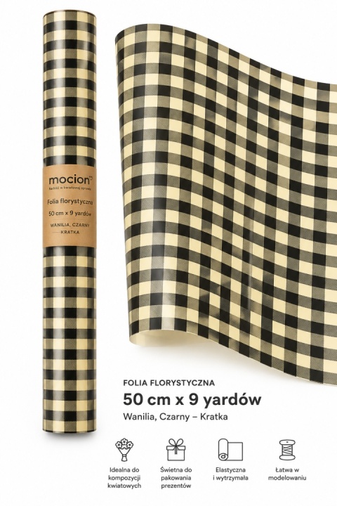 Folia florystyczna w kratkę - 50cm x 9y, wanilia czarny