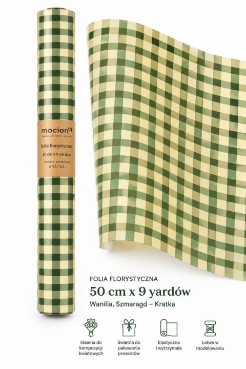 Folia florystyczna w kratkę - 50cm x 9y, wanilia szmaragd
