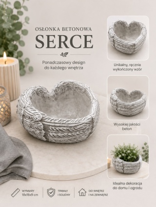 Obálka betonového srdce - 18x18x9cm, světle šedá