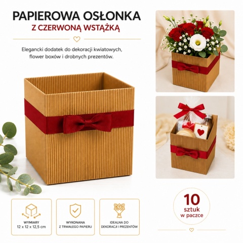 Osłonka papierowa 12x12x12,5 cm, czerwona wstążka
