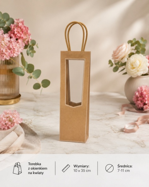 Torebka Papierowa Prezentowa z okienkiem na kwiaty 10x35cm ⌀ 7-11cm