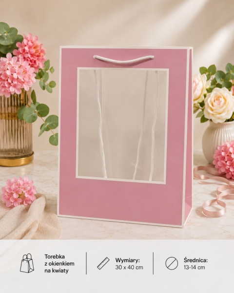 Torebka Papierowa Prezentowa z okienkiem na kwiaty 30x40cm ⌀ 13-14cm