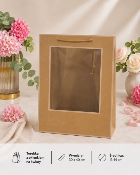 Torebka Papierowa Prezentowa z okienkiem na kwiaty 30x40cm ⌀ 13-14cm