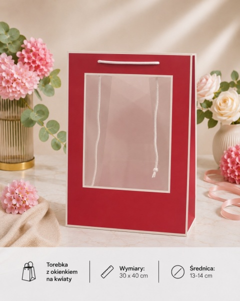 Torebka Papierowa Prezentowa z okienkiem na kwiaty 30x40cm ⌀ 13-14cm