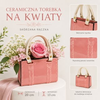 Keramická taška s koženou rukojetí - 20x13cm, růžová