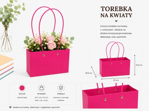 Torebka na kwiaty z rączką - 10,5x22x13,5 cm, ciemna fuksja