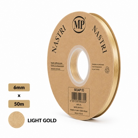 Wstążka włoska LIGHT DOUBLE SATIN 0,6cm 50m LIGHT GOLD