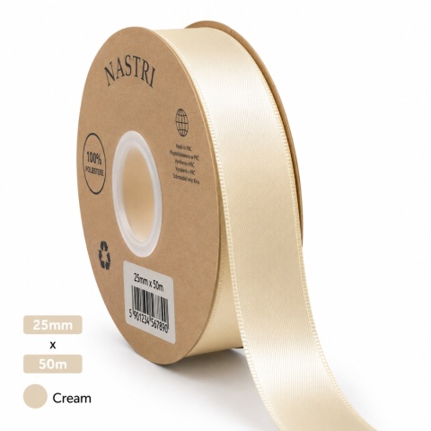 Wstążka włoska LIGHT DOUBLE SATIN 25mm 50m CREAM