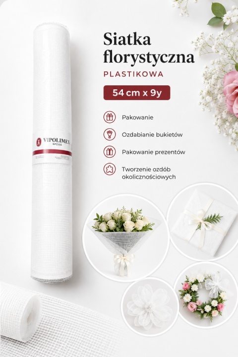 Plastikowa siatka florystyczna - 54cm x 9y, biały