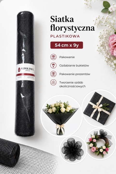 Plastikowa siatka florystyczna - 54cm x 9y, czarny