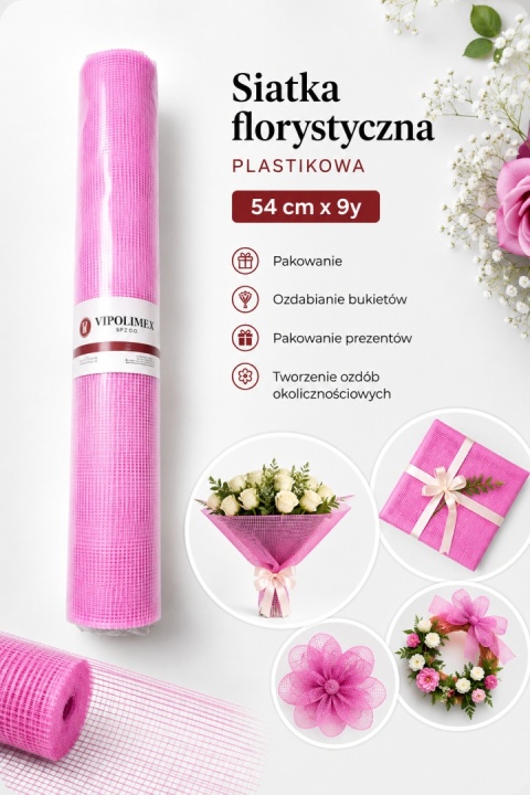 Plastikowa siatka florystyczna - 54cm x 9y, amarant