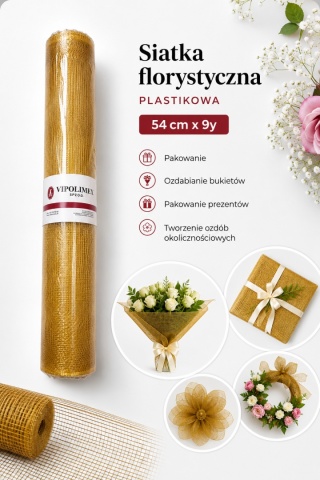 Plastikowa siatka florystyczna - 54cm x 9y, złoto