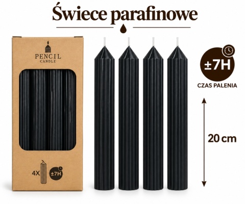Świeca parafinowa kpl.4 szt - 20 x 2,2 cm, czarny