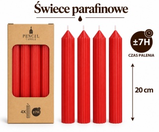 Świeca parafinowa kpl.4 szt - 20 x 2,2 cm, czerwony