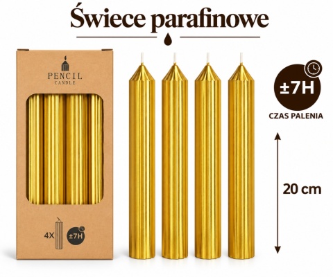 Świeca parafinowa kpl.4 szt - 20 x 2,2 cm, złoty